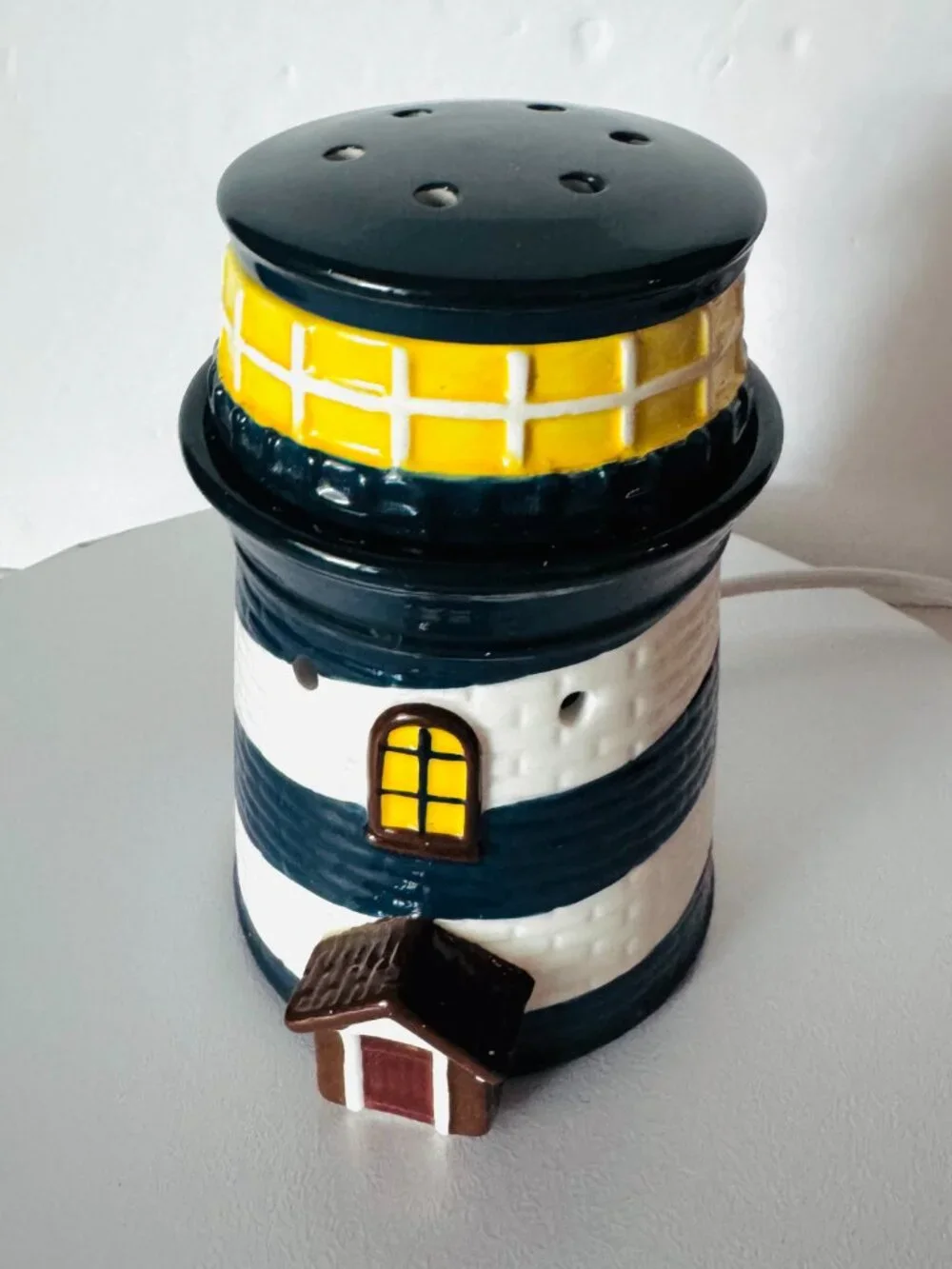 Retired Scentsy Nautical Lighthouse Blue White Ceramic Wax Warmer  TESTED